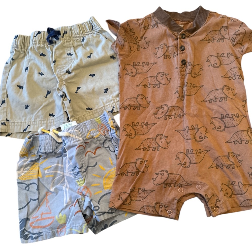 Brown Dinosaur Romper and Two Shorts Set